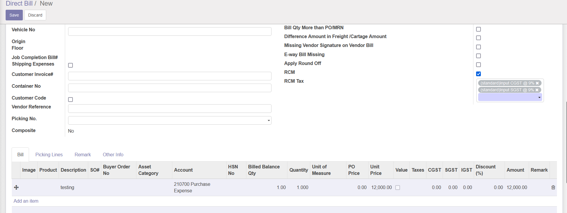 After Apply Rcm Tax – Entry The bill line