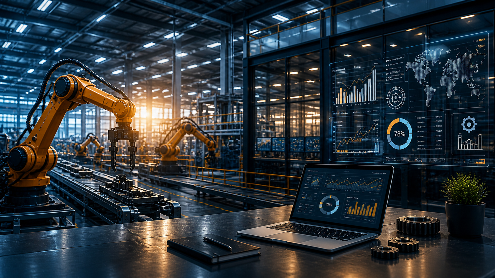modern manufacturing factory with ERP system and automated production line